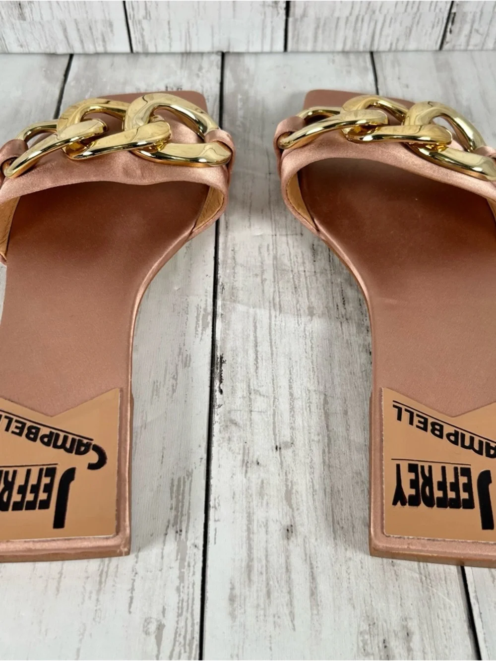 Jeffrey Campbell Park Chain Slide Flat Evening Sandals in Rose Gold Satin Size 8